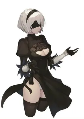 Fan art of 2B (YoRHa No.2 Type B) from NieR: Automata, depicted in a black dress with a blindfold and white hair.