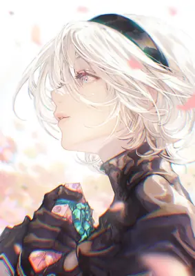 A digital illustration of 2B (YoRHa No.2 Type B) from NieR: Automata, shown in profile with white hair and a black blindfold.
