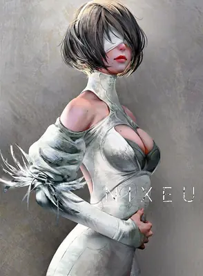 Fan art of 2B (YoRHa No.2 Type B) from NieR: Automata wearing a gothic-lolita inspired outfit with a blindfold and white feathers.