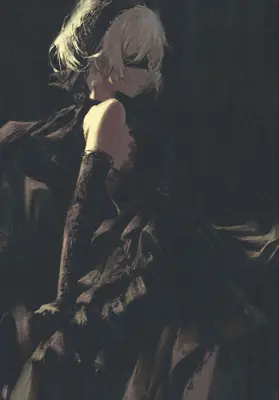 Digital illustration of 2B (YoRHa No.2 Type B) from NieR: Automata wearing a gothic-lolita dress with a blindfold and long white hair.