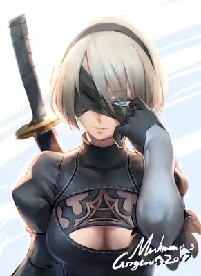 Digital illustration of 2B (YoRHa No.2 Type B) from NieR: Automata, depicted with a blindfold and sword in a combat-ready stance.
