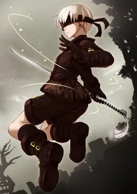 Fan art of 2B (YoRHa No.2 Type B) from NieR: Automata in a dynamic combat pose with a sword.