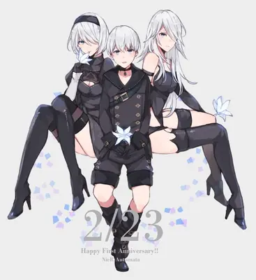Digital illustration of 2B (YoRHa No.2 Type B) and two other YoRHa sisters from NieR: Automata, standing together with white flowers and confetti.