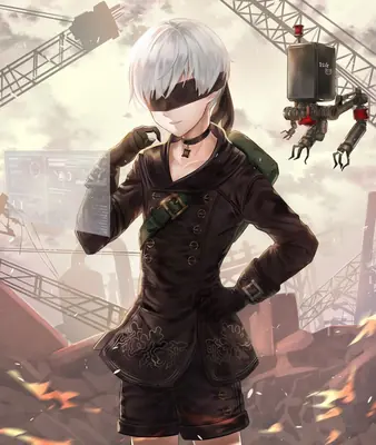Fan art of 2B (YoRHa No.2 Type B) from NieR: Automata standing amidst a post-apocalyptic ruin with a robotic drone nearby.