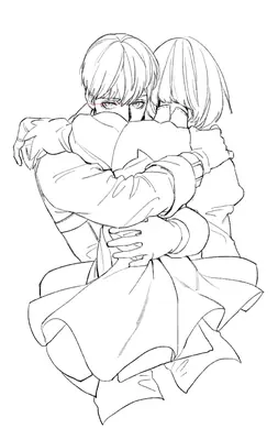 Line art of 2B (YoRHa No.2 Type B) embracing 9S from NieR: Automata.