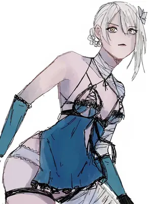 Fan art of 2B (YoRHa No.2 Type B) from NieR: Automata wearing a gothic-lolita style outfit with a blindfold and white hair.