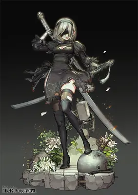 2B (YoRHa No.2 Type B) from NieR: Automata stands in a dramatic pose with dual swords, wearing a black gothic-lolita dress and blindfold.