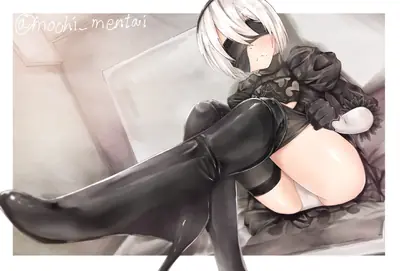 Fan art of 2B (YoRHa No.2 Type B) from NieR: Automata, depicted in a gothic-lolita style outfit with a blindfold and high boots.