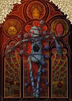 Fan art of 2B (YoRHa No.2 Type B) from NieR: Automata depicted as a skeletal figure in a gothic stained-glass window setting.