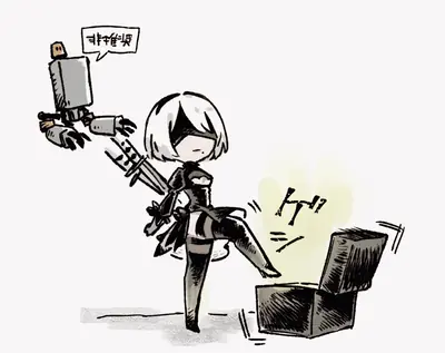 Chibi-style 2B from NieR: Automata kicking a box while holding a sword, with a small robot companion.
