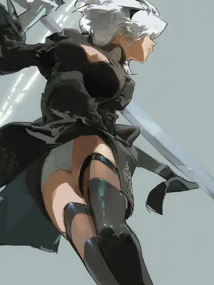 Digital illustration of 2B (YoRHa No.2 Type B) from NieR: Automata in a dynamic combat pose with a sword.