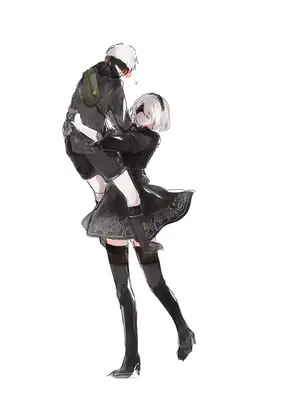 Fan art of 2B and 9S from NieR: Automata, depicting a tender moment between the two YoRHa androids.