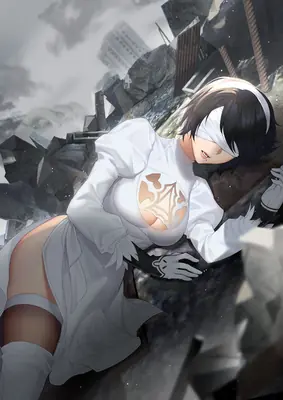 Fan art of 2B (YoRHa No.2 Type B) from NieR: Automata, depicted lying amidst rubble in a white gothic-lolita outfit with a blindfold.