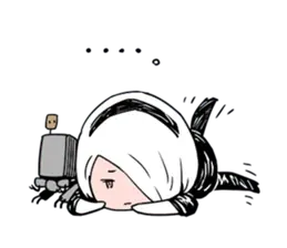 Chibi-style illustration of 2B (YoRHa No.2 Type B) from NieR: Automata lying on the ground with a small figure beside her.