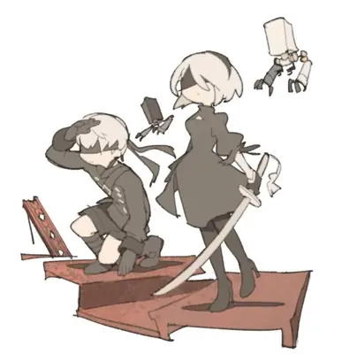 Fan art illustration of 2B and 9S from NieR: Automata standing on a wooden platform with scattered robotic parts.