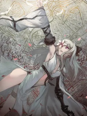 Fan art of 2B (YoRHa No.2 Type B) from NieR: Automata, depicted in a flowing white dress with a blindfold and floral hair accessory.