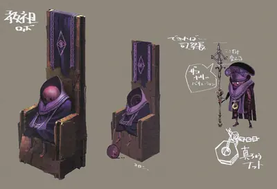 Concept art of 2B (YoRHa No.2 Type B) from NieR: Automata depicted in a gothic-lolita style with a blindfold and purple robes, seated on a throne-like chair.