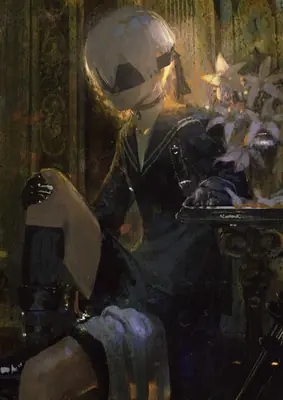 Fan art of 2B (YoRHa No.2 Type B) from NieR: Automata, depicted in a gothic-lolita style with a blindfold and dark dress.
