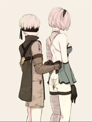 Fan art of 2B (YoRHa No.2 Type B) and 9S from NieR: Automata shown from behind, both wearing blindfolds and combat attire.