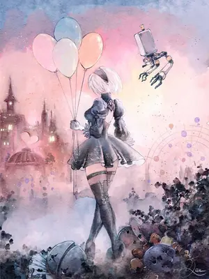 2B (YoRHa No.2 Type B) from NieR: Automata stands in a post-apocalyptic landscape holding balloons, with a robotic arm floating nearby.