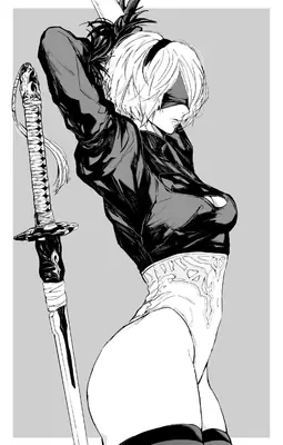 Black and white fan art of 2B (YoRHa No.2 Type B) from NieR: Automata, depicted with a blindfold and sword in a dramatic pose.