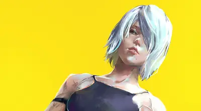 Digital illustration of 2B (YoRHa No.2 Type B) from NieR: Automata with white hair and a black dress against a bright yellow background.
