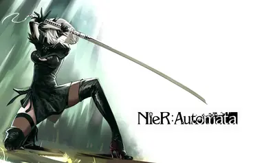 Fan art of 2B (YoRHa No.2 Type B) from NieR: Automata in a dynamic combat stance with a long sword.
