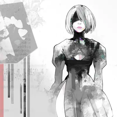 Digital illustration of 2B (YoRHa No.2 Type B) from NieR: Automata, depicted in a gothic-lolita style with a blindfold and black dress.