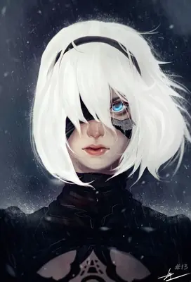 Digital illustration of 2B (YoRHa No.2 Type B) from NieR: Automata standing in the rain with a blindfold and white hair.