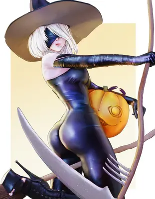 2B (YoRHa No.2 Type B) from NieR: Automata depicted in a gothic-lolita style with a wide-brimmed hat, holding a pumpkin and a large sword.