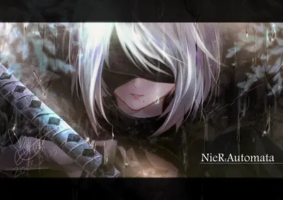 2B (YoRHa No.2 Type B) from NieR: Automata standing in a rainy forest with a sword, wearing her signature black dress and blindfold.