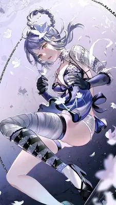 Digital illustration of 2B (YoRHa No.2 Type B) from NieR: Automata wearing a gothic-lolita style outfit with a blindfold and floral accents.