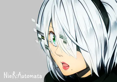 Close-up of 2B from NieR: Automata, a white-haired android with a green eye and blindfold, depicted in digital art.
