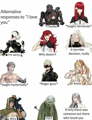 A fan art collage featuring 2B from NieR: Automata and other characters reacting to "I love you" with various humorous responses.