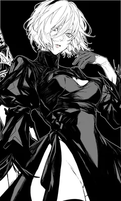 Black and white digital illustration of 2B from NieR: Automata wearing a gothic-lolita outfit with a blindfold.