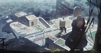 2B (YoRHa No.2 Type B) stands overlooking a post-apocalyptic urban landscape in NieR: Automata.
