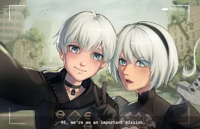 Digital illustration of 2B and 9S from NieR: Automata standing together in a post-apocalyptic urban setting.