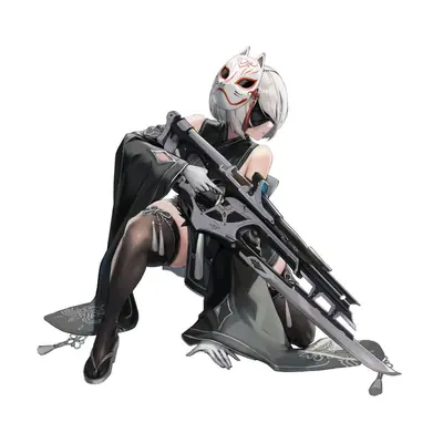 Fan art of 2B (YoRHa No.2 Type B) from NieR: Automata wearing a white and red mask, holding a large sword in a crouched pose.