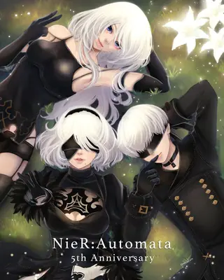 Fan art of 2B (YoRHa No.2 Type B) and 9S from NieR: Automata, depicted in a grassy field with white flowers.
