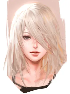 Digital illustration of 2B (YoRHa No.2 Type B) from NieR: Automata with white hair and a blindfold.
