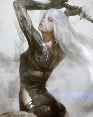 Digital illustration of 2B (YoRHa No.2 Type B) from NieR: Automata, depicted with long white hair and a black dress, holding a sword above her head.