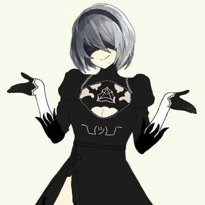 2B (YoRHa No.2 Type B) from NieR: Automata depicted in a gothic-lolita style black dress with a blindfold and white gloves.