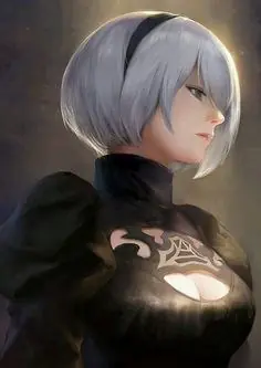 Fan art of 2B (YoRHa No.2 Type B) from NieR: Automata, depicted with silver hair and a black gothic-lolita dress.