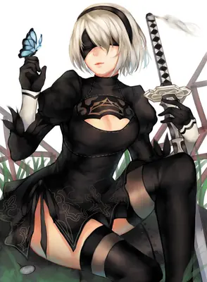 Fan art of 2B (YoRHa No.2 Type B) from NieR: Automata, depicted in a black dress with a blindfold and holding a sword.