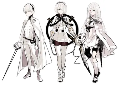 Fan art of 2B (YoRHa No.2 Type B) from NieR: Automata, showcasing three character designs in white and black outfits with swords.