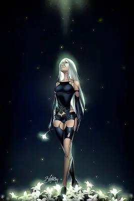 Fan art of 2B (YoRHa No.2 Type B) from NieR: Automata standing in a black dress with white flowers.