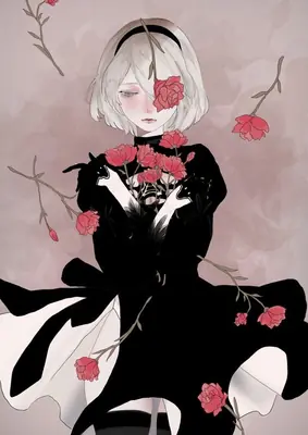 2B (YoRHa No.2 Type B) from NieR: Automata depicted in a gothic-lolita outfit with red roses, blindfolded and holding flowers.