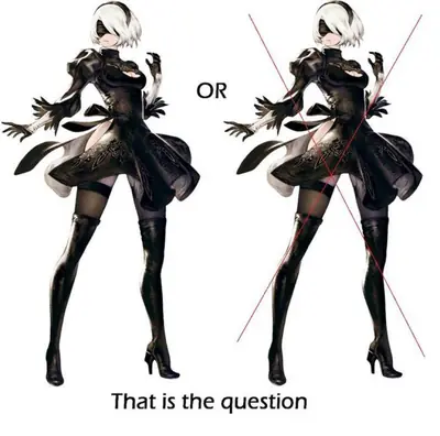Fan art of 2B (YoRHa No.2 Type B) from NieR: Automata, showing two poses with a blindfold and black gothic-lolita outfit.