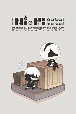 Chibi-style illustration of 2B (YoRHa No.2 Type B) from NieR: Automata, featuring two figures with white hair and blindfolds on a platform with crates.