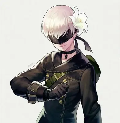 Fan art of 2B (YoRHa No.2 Type B) from NieR: Automata wearing a black dress with a white flower and blindfold.